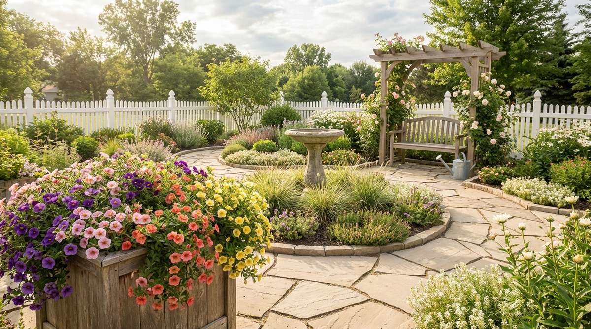 Close-up of vibrant calibrachoa million bells flowers in purple, pink, coral, and yellow shades, showcasing their trumpet-shaped blooms on trailing stems. Perfect for containers, hanging baskets, and mixed planters in small gardens.