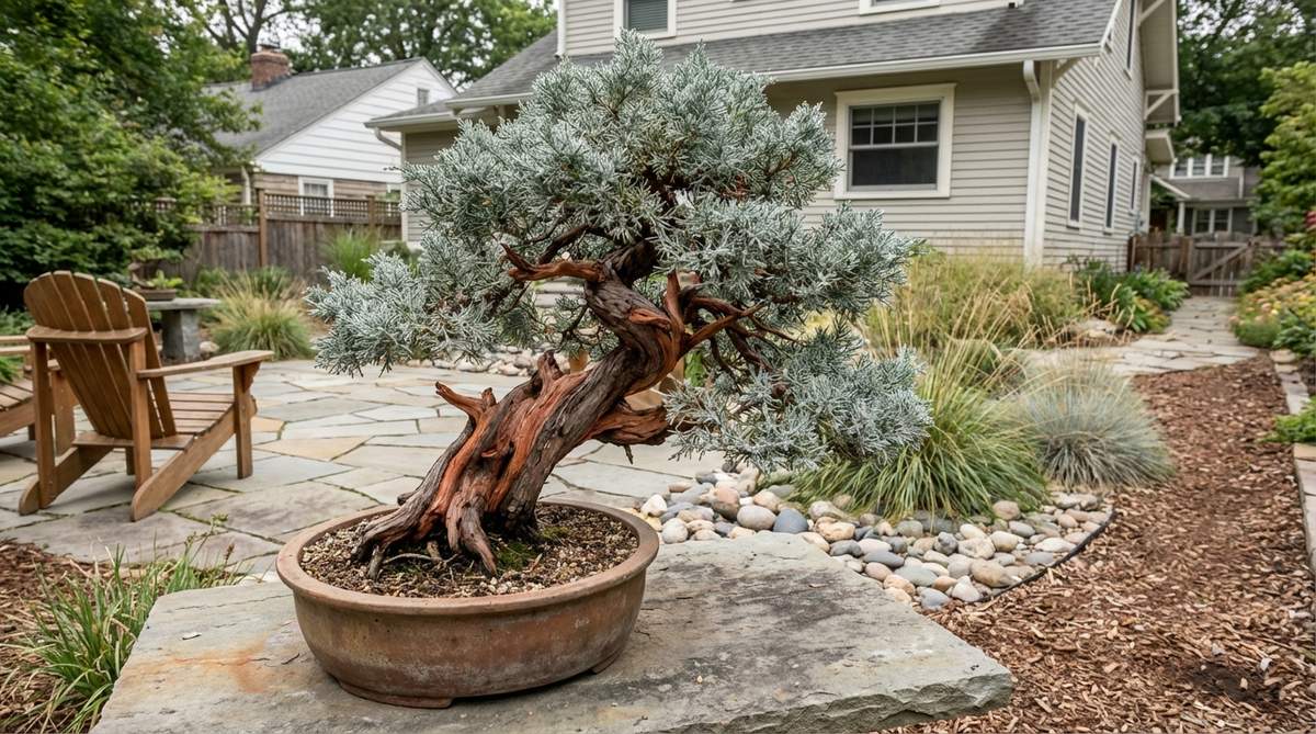 A mature California Juniper bonsai tree (Juniperus californica) featuring a naturally twisted trunk that gives an aged appearance, with silver-gray foliage creating dramatic contrast against reddish deadwood features. This yamadori specimen demonstrates successful adaptation to container culture through ethical collection and gradual root work.
