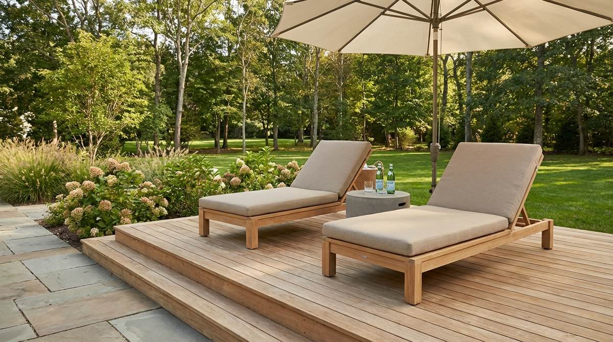 A dedicated lounging area on an outdoor deck featuring adjustable-back chaise lounges in weather-resistant materials like resin or teak, oriented for optimal sun exposure or scenic views, with side tables for convenience and freestanding umbrellas or shade sails for sun relief.