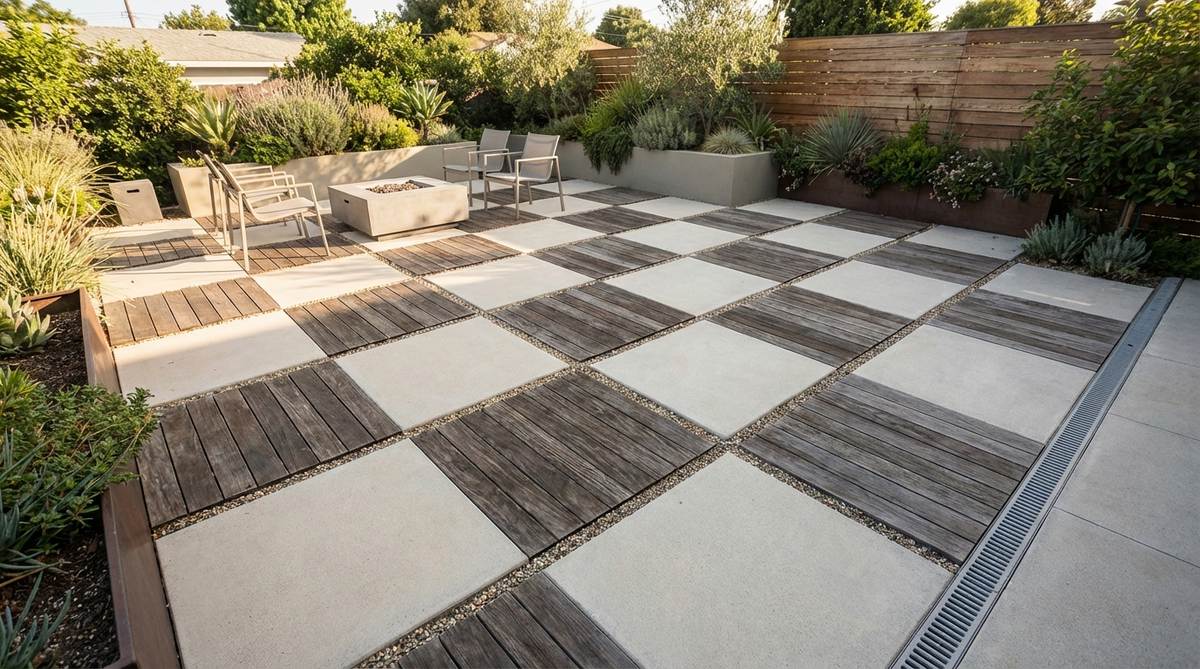 A modern small garden patio featuring a checkerboard pattern with alternating squares of pavers and decking in a grid layout. The geometric design creates textural contrast with 2x2 or 3x3 foot squares, suitable for contemporary garden designs. Shows proper drainage planning with sloped paver sections to prevent water accumulation.