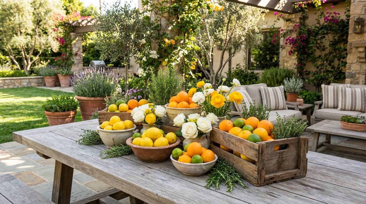 A vibrant Mediterranean-style garden decor display featuring bowls of fresh lemons, oranges, and limes arranged with white and yellow blooms in decorative ceramic bowls or wooden crates. Sprigs of rosemary and thyme are tucked between the citrus fruits, creating a fragrant centerpiece perfect for outdoor dining parties.