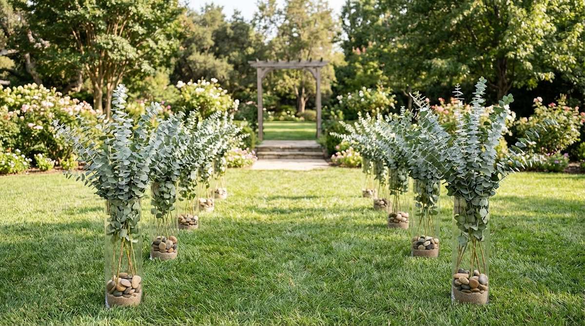 Uniform clear glass vases placed at intervals along wedding aisles, featuring tall eucalyptus stems that extend 3-4 feet above the vases. The transparent design maintains visual lightness, with silver-green foliage contrasting beautifully against outdoor surfaces like grass or pavement. Ideal for garden or lawn wedding settings, these vases can be anchored with decorative river rocks or sand for stability in breezy conditions.