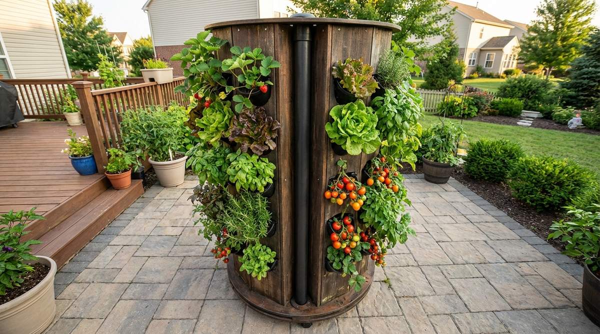 A vertical column tower planter with radial planting openings, ideal for small gardens, patios, and decks. This freestanding structure rotates for even sun exposure and features a central reservoir that distributes water to all levels simultaneously. Perfect for growing strawberries, lettuce, herbs, and compact tomato varieties in limited spaces.