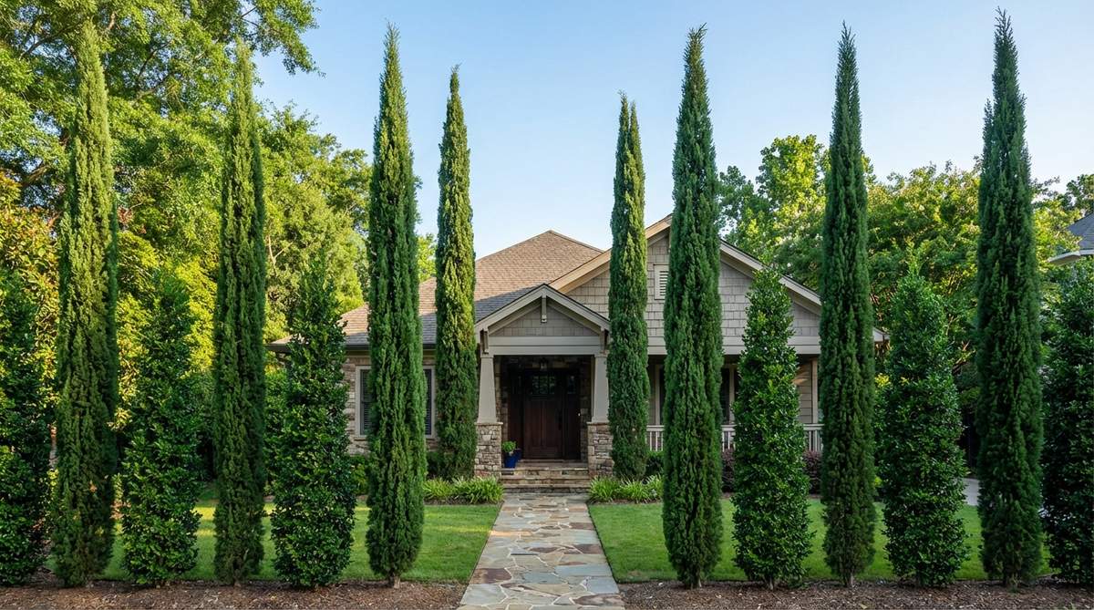 Narrow upright evergreens like Italian cypress, 'Sky Pencil' holly, and columnar junipers flanking a doorway or marking a path entrance in a front yard garden design. These columnar evergreen sentinels provide vertical drama with minimal space requirements, drawing the eye upward and making single-story homes appear taller. Positioned symmetrically for formal emphasis or in odd-numbered groups for more natural arrangements.