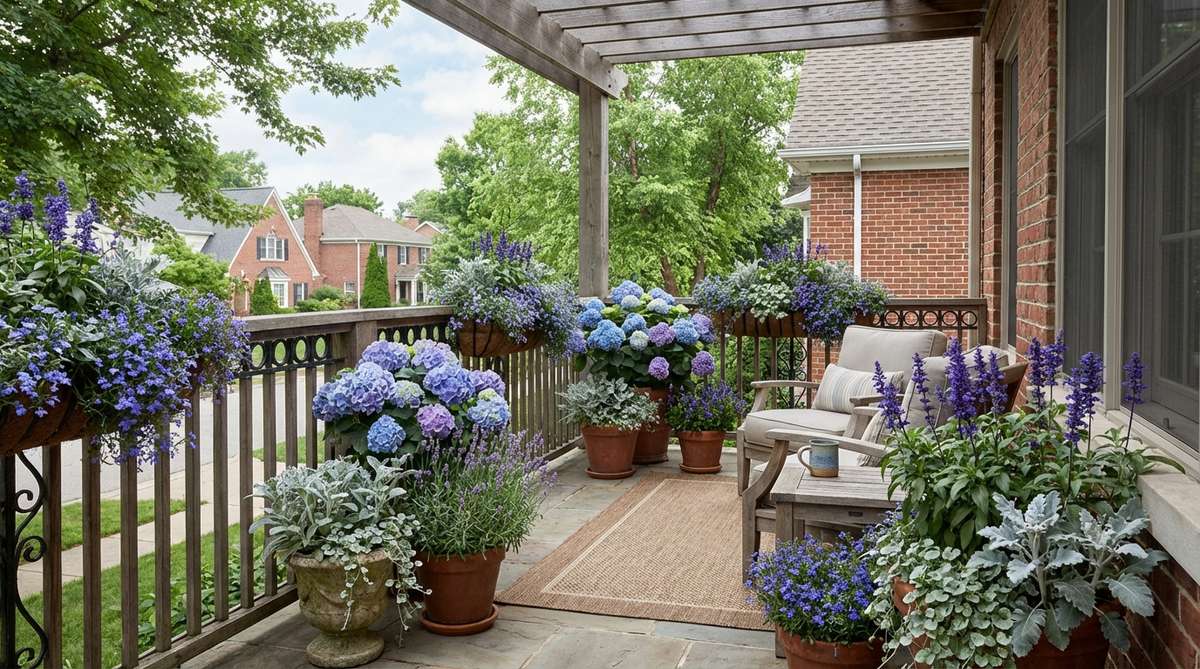 A collection of balcony plants featuring cool blues and purples including lavender, hydrangeas, salvia, and lobelia creating a calming retreat. These plants work well in partial shade and can be combined with silver and gray foliage for sophisticated contrast. Blue and purple flowers attract beneficial insects while promoting relaxation, transforming balconies into meditative sanctuaries.