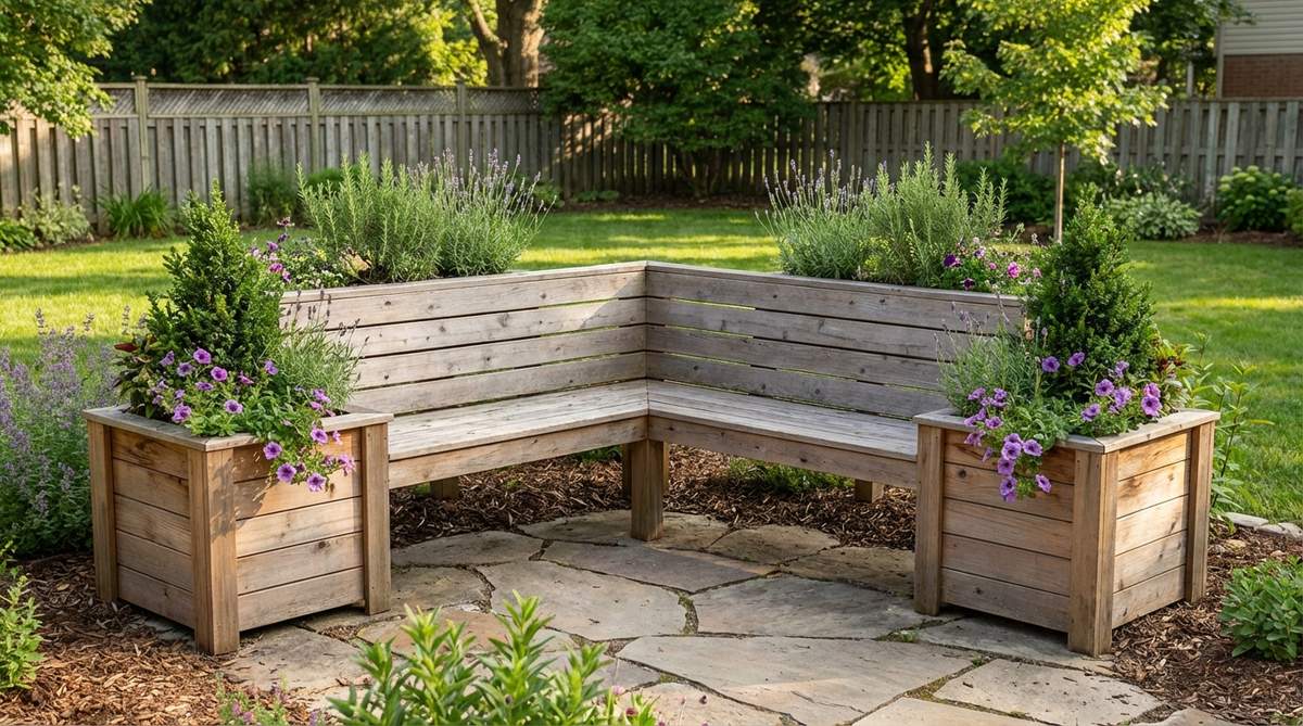 An L-shaped corner bench with built-in planter boxes at each end, made from cedar, teak, or composite lumber. The bench measures 48 inches per side and is ideal for small gardens, featuring fragrant herbs, trailing flowers, or small shrubs in the planters for natural privacy screening.