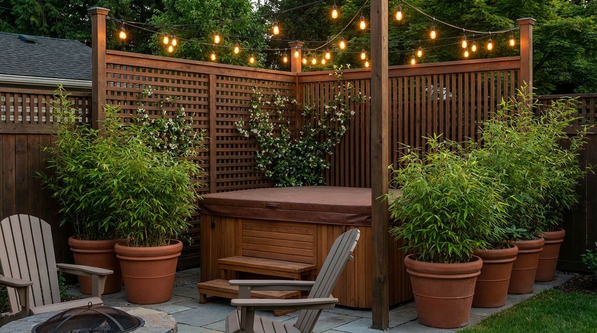 A cozy corner spa with privacy screening in a small garden, featuring lattice panels and vertical slat screens for intimate enclosure, surrounded by potted bamboo and overhead string lights for a secluded atmosphere.