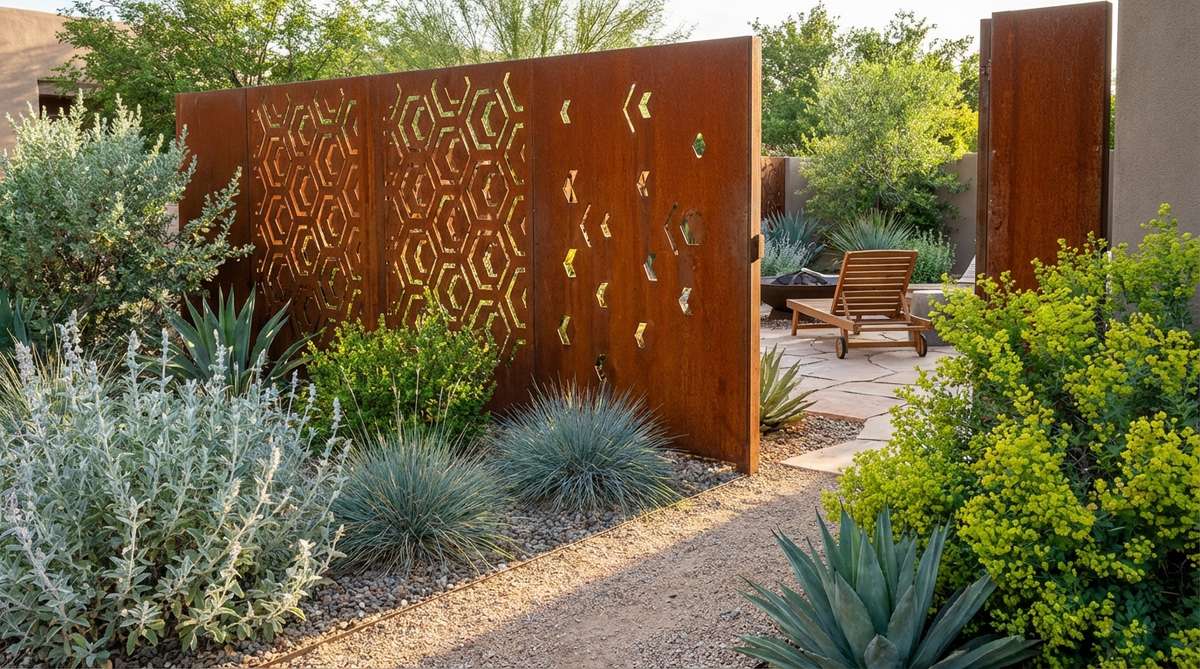 A laser-cut Corten steel screen with geometric patterns, used as a garden divider to provide privacy while allowing airflow and filtered light. The rust-orange patina contrasts with silver and chartreuse foliage in a desert-modern setting.