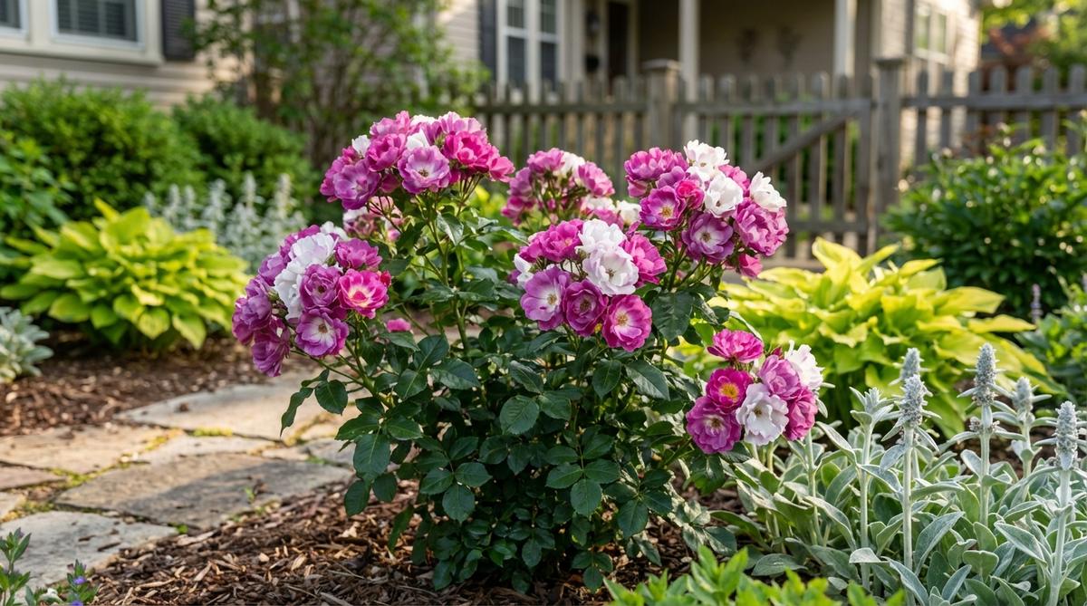 A vibrant pinky-purple and white bi-color rose with disease-resistant foliage, introduced in 2024 for modern gardens. This 3-foot shrub rose features strong fragrance, self-cleaning flowers, and rapid growth, ideal for contrasting with chartreuse or silver foliage plants.
