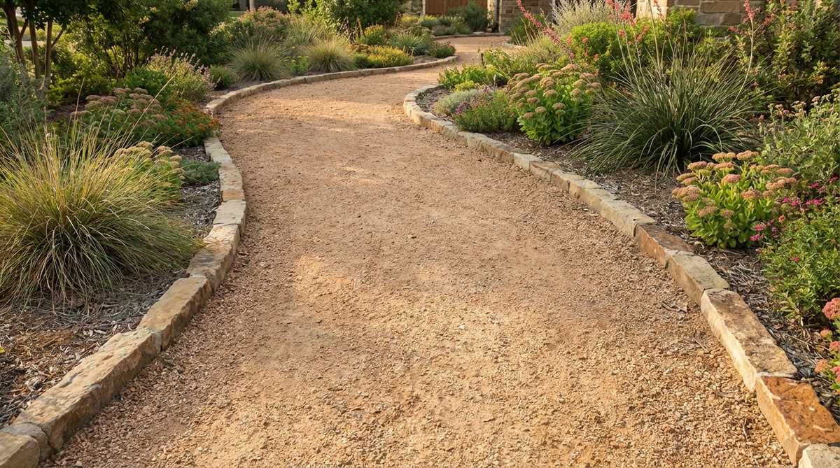 A close-up photo showing a permeable crushed granite pathway in a stone garden, with the decomposed granite compacted into a firm walking surface. The natural earth tones of the granite complement surrounding plants, and the path is edged with steel or stone to prevent spreading into adjacent garden beds.