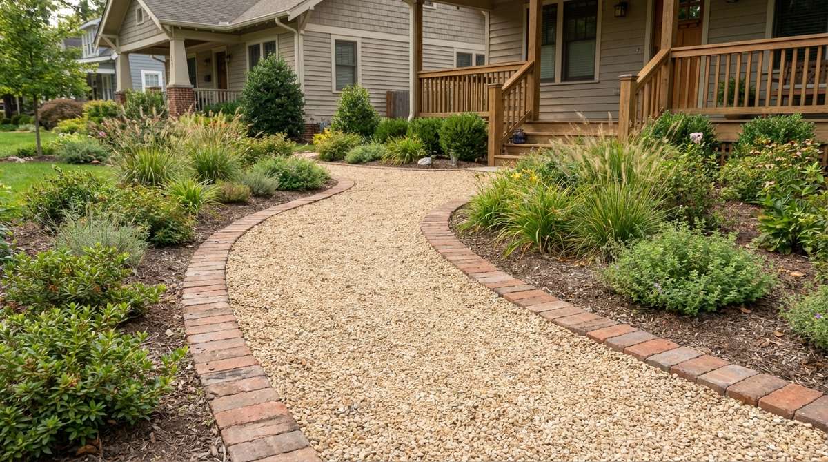 A gently winding gravel pathway in a small front garden, edged with crisp brick borders to contain the gravel and define planting zones. The curved design creates visual depth and naturally slows foot traffic, encouraging appreciation of surrounding plantings. The permeable gravel provides excellent drainage while being budget-friendly and easy to install.