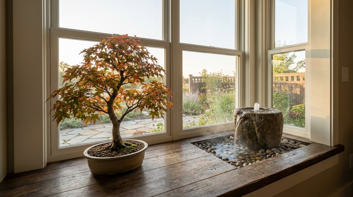 A Trident Maple bonsai positioned on an east-facing windowsill to capture gentle morning light, with a small water feature beside it. The setup includes pebbles and water for humidity, showcasing seasonal transformation and multisensory engagement for morning meditation.
