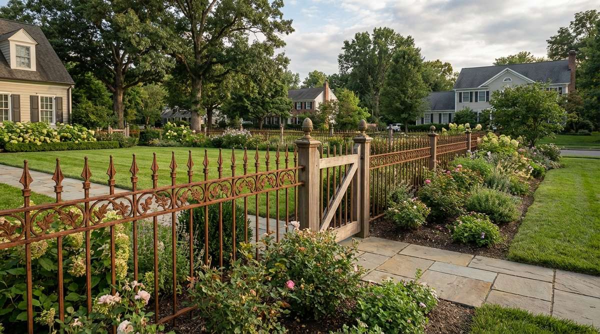 An image showcasing decorative iron fence panels with ornamental designs like spear points, finials, and scrollwork, ideal for rustic outdoor decor. The panels serve as property perimeters or garden divisions, featuring a weathered rust-toned appearance that complements formal and cottage garden styles.