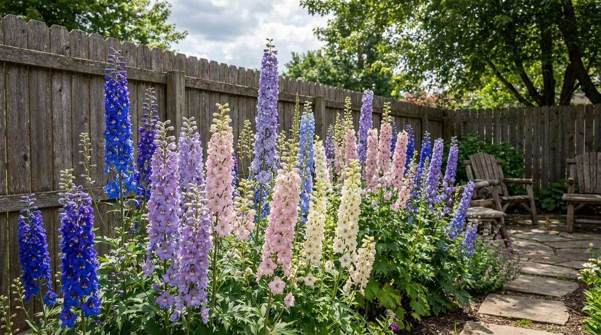 A vibrant display of delphinium spire clusters in a small garden cottage setting, featuring tall 4-6 foot spikes with densely packed flowers in shades of blue, purple, pink, and white, arranged closely along a fence or wall to maximize vertical impact without sprawling.