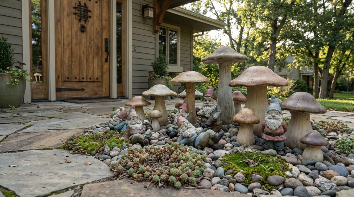 A cluster of mini garden gnomes seated among ceramic or concrete mushrooms by a front door, creating a fairy-tale threshold with overlapping silhouettes and varying heights for a bold, contained look that suits modern homes with a touch of fantasy.