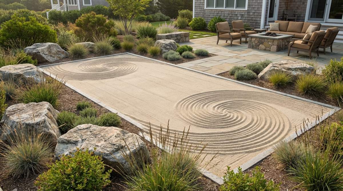 A zen garden sand pattern featuring two spirals that mirror each other or flow in opposite directions, representing dualistic forces or complementary energies. This design creates sophisticated visual tension and balanced energy across the space, with spirals positioned at opposite ends of a rectangular garden.