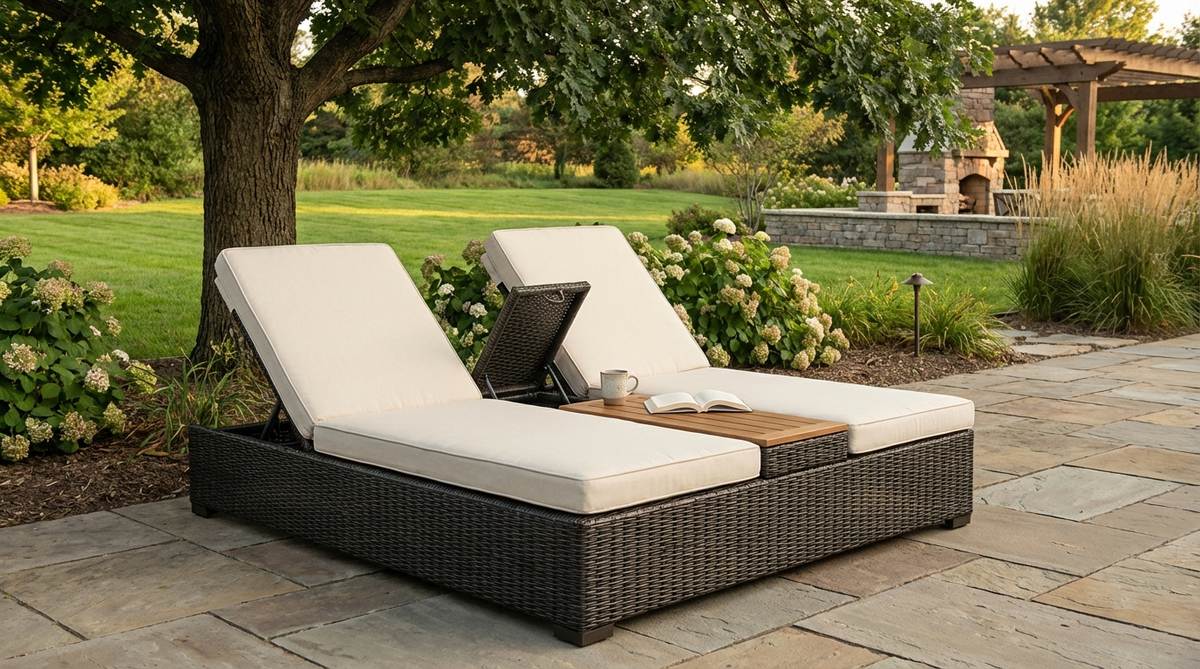 A wide double sun lounger designed for two people to relax together in the garden. Features a generous 50 to 70-inch width for comfortable side-by-side positioning, central console table with storage, and independently adjustable backrests. Perfect for couples seeking shared relaxation experiences in spacious outdoor settings.