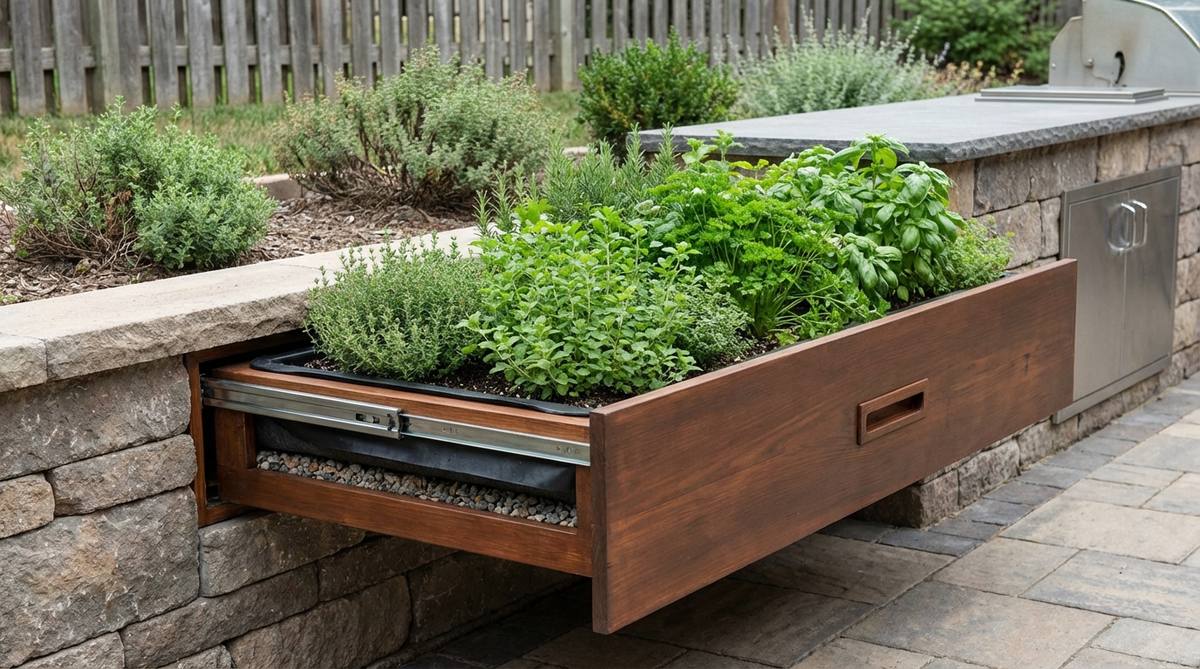 A low-profile drawer-style pull-out herb box planter that slides out like a drawer, ideal for minimal kitchens. It features a clean wood or metal box design when closed, revealing a dense row of edible foliage when open, with shallow container, waterproof membrane, drainage layer, and low-height herbs to avoid scraping.