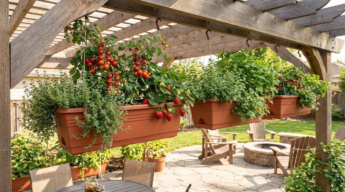 A vibrant edible hanging garden featuring cherry tomatoes, strawberries, and trailing herbs in deep planters, positioned in full sun for optimal growth and productivity.