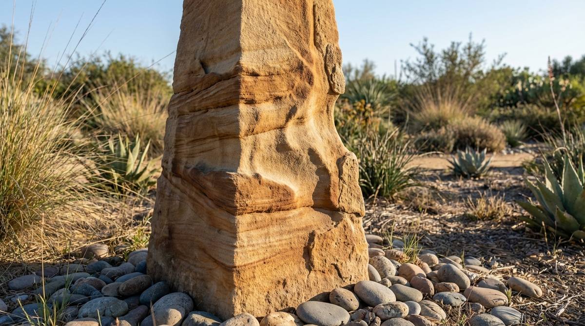 Close-up photo of an eroded sandstone tapering column showing natural weathering patterns from wind and water erosion. The organic undulations and horizontal banding patterns create sculptural form, with exposed corners showing more wear than protected areas. This stone garden obelisk anchors xeriscape and rock garden designs, providing textural contrast against smooth river stones.