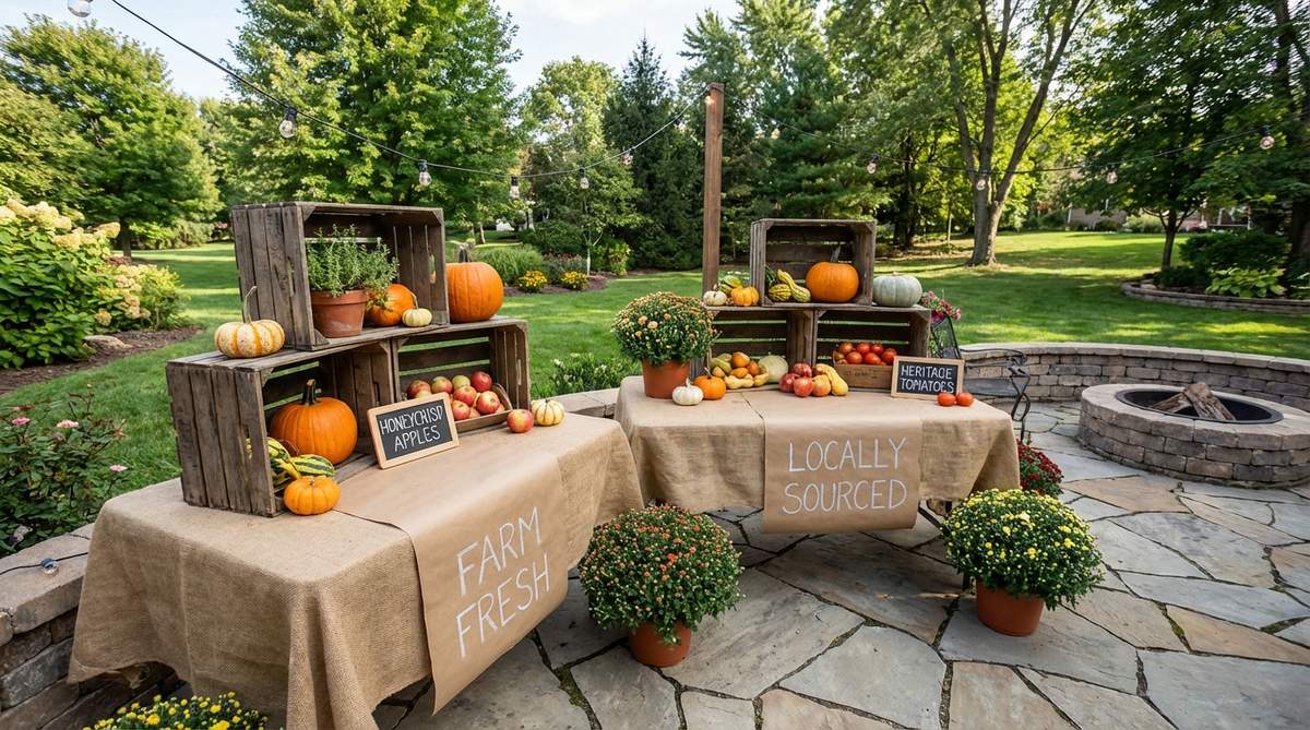 Rustic wooden crates stacked at varying heights display seasonal produce from a mini garden party, with kraft paper table runners featuring chalk marker annotations and small descriptive signs highlighting locally sourced ingredients.