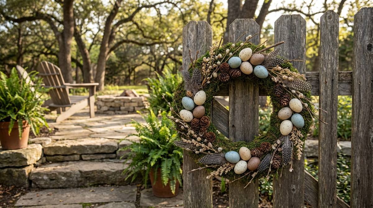 A rustic woodland wreath featuring a moss base layered with hand-painted artificial eggs, larch cones, and guinea fowl feathers, arranged in clustered groupings with small twigs and dried botanicals for a natural, personalized outdoor Easter decor piece.