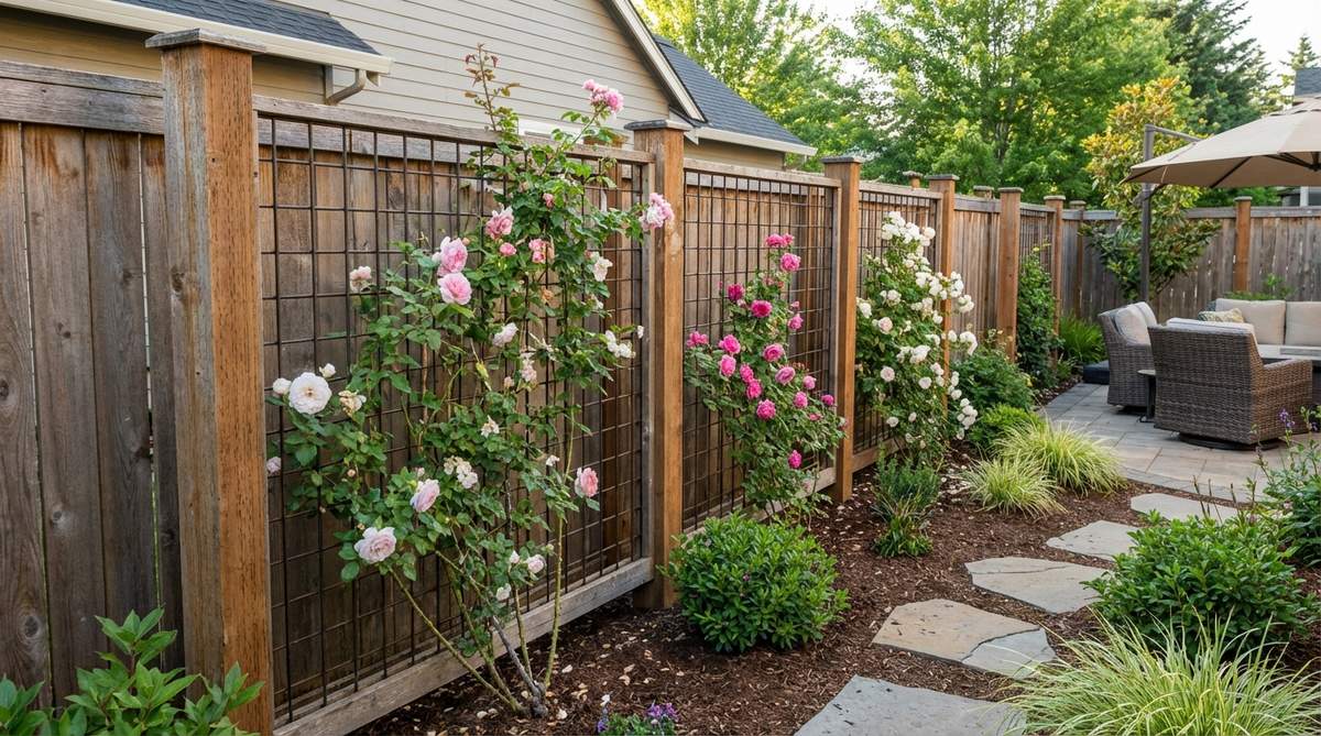 A garden design image showing roses growing on a trellis integrated into a fence line. The trellis components are attached to existing fence posts with proper clearance for air circulation, demonstrating how to transform functional barriers into productive growing surfaces for roses while keeping thorny canes contained within the garden.