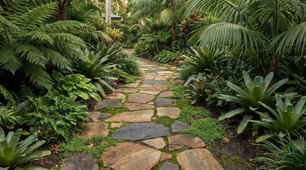An image showing irregularly shaped flagstones forming an organic, curving pathway through dense tropical plantings. The sandstone or slate stones in earth tones contrast with the surrounding greenery, with 2-3 inch gaps filled with moss or low ground covers to soften edges and enhance the natural jungle aesthetic.