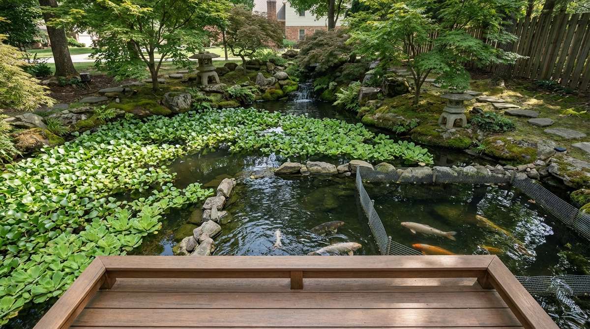 A serene Japanese garden pond with floating plants like water hyacinth and water lettuce covering 30-50% of the surface, creating dappled shade patterns. The image shows containment zones with submerged barriers to maintain open water areas for koi, highlighting how these plants absorb excess nutrients, reduce water temperature, and provide habitat and filtration.