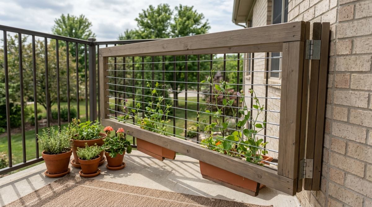 A hinged wooden trellis attached to a balcony railing, featuring horizontal wires for training annual vines like sweet peas or nasturtiums, designed to fold flat against the wall for easy storage and flexibility in small garden spaces.
