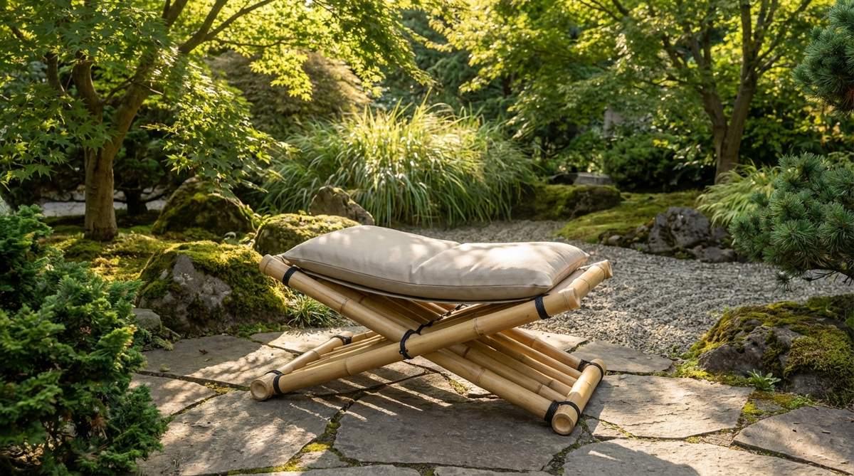A folding bamboo meditation stool in a Japanese garden setting, featuring 55-inch-long natural bamboo poles lashed with black cord. The low 12-inch height accommodates floor cushions while elevating sitters above damp ground. This versatile piece folds flat for winter storage or repositioning during garden parties, and can also serve as a plant stand during off-season months.