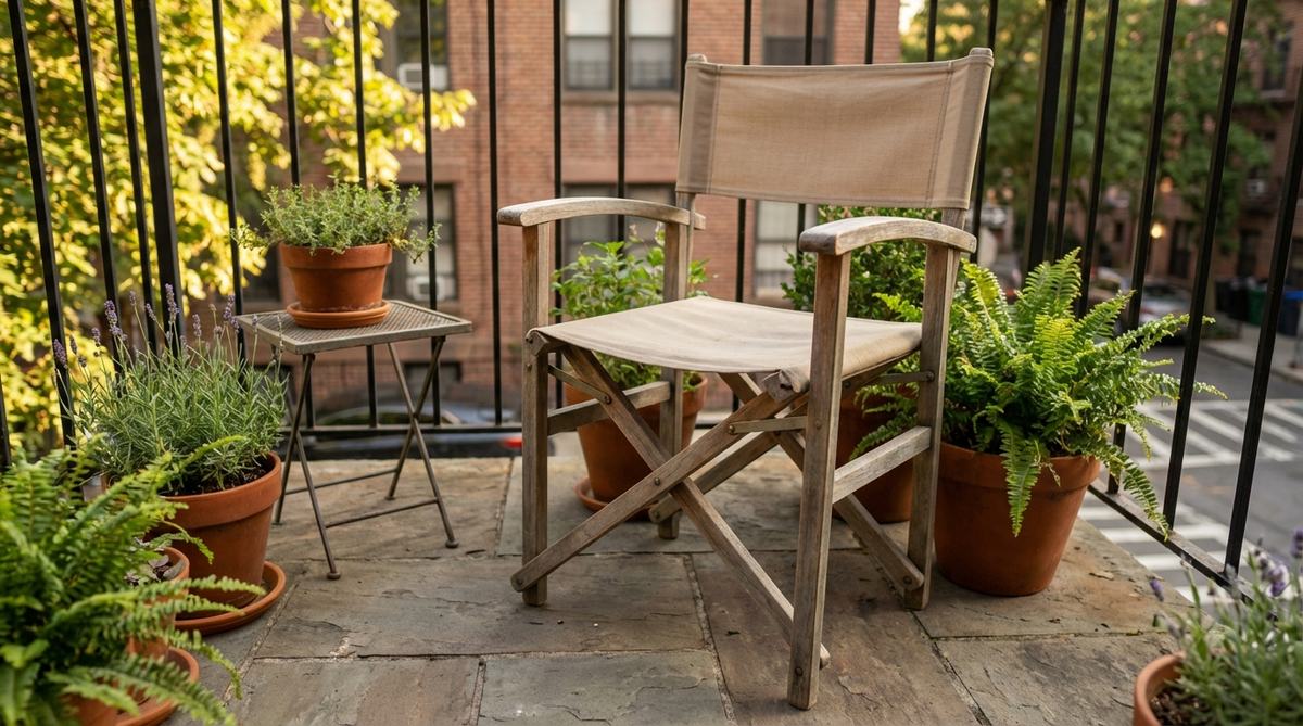 A folding director's chair with a canvas sling seat on a wooden or aluminum frame, ideal for portable and space-saving seating on urban balconies. Features replaceable canvas slings and weather-resistant materials like eucalyptus or marine-grade aluminum.