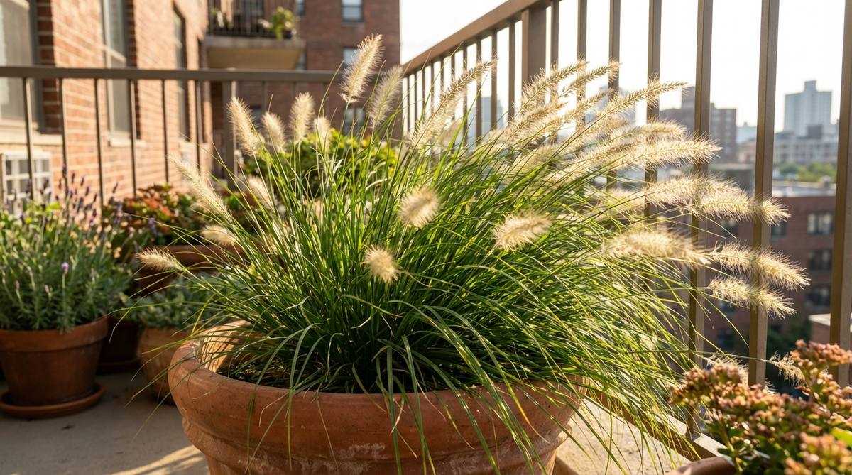 A close-up image of Fountain Grass (Pennisetum) showcasing its arching foliage and bottlebrush blooms, creating a fountain-like effect. The plant is shown in a container on an urban balcony, with dwarf varieties highlighted as suitable for such spaces. The image emphasizes the plant's need for bright sun exposure, positioned in a sunny corner to promote optimal bloom production, while demonstrating its resilience to wind conditions typical of balcony environments.
