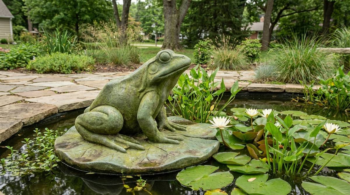 A stone garden sculpture depicting a frog in a crouching or jumping pose on a lily pad, carved from green-tinted marble or serpentine to blend with aquatic plants and enhance visibility in pond settings.