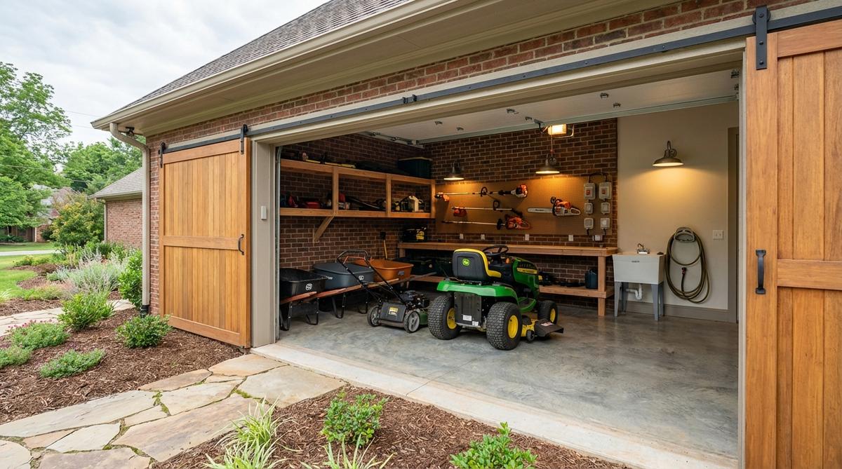 A spacious garden maintenance equipment bay with dual sliding doors, concrete flooring, and organized storage for mowers, wheelbarrows, and power tools, featuring electrical outlets and task lighting for efficient equipment maintenance.