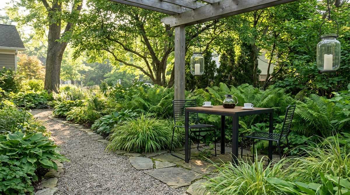 A serene breakfast nook featuring a compact contemporary garden table and two slim-legged chairs, nestled off a garden path among plants. The setting is intimate and slightly hidden, ideal for morning coffee or evening dessert, with stepping-stones or gravel defining the space and lanterns for evening ambiance.