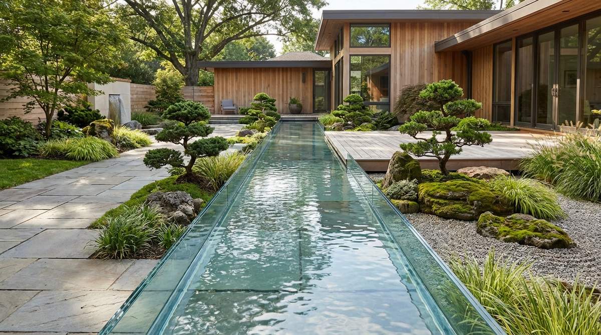 A modern Japanese garden featuring tempered glass channels that create transparent water pathways, mimicking suspended streams and referencing traditional stream gardens. The channels are built at slight grades for gentle water flow, positioned to bisect pathways to encourage mindful crossings by visitors.