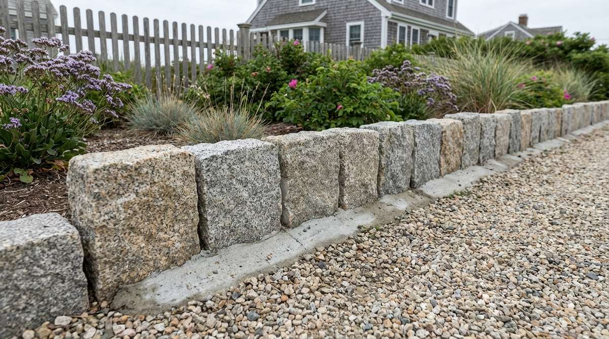 A close-up photo showing granite cobblestones installed vertically as a border for a gravel garden path, demonstrating the New England coastal aesthetic with concrete haunching for stability against frost heave.