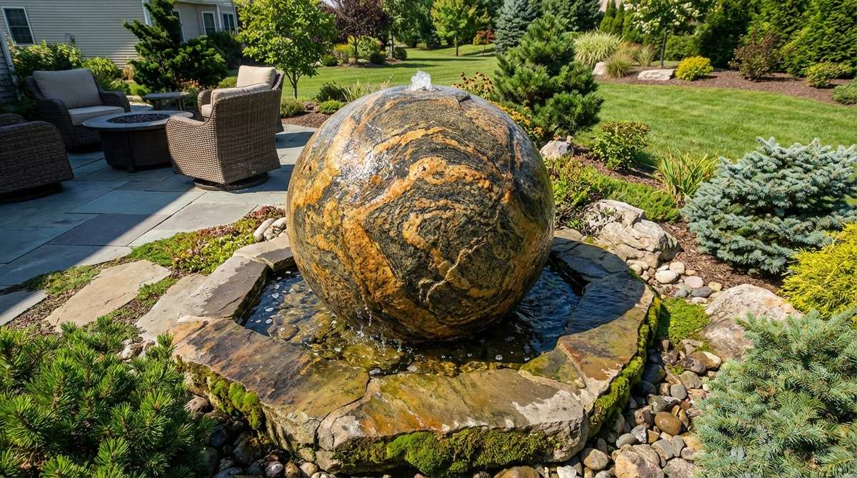 A natural granite sphere water feature with unique color variations and patterns, flowing water over textured stone surface into a natural stone basin. Perfect for rock gardens, slate patios, or transitional landscape designs with rustic-modern aesthetics.