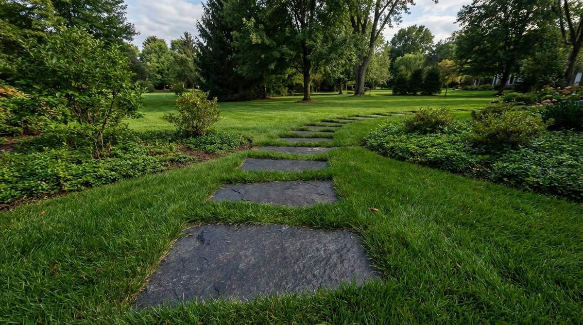 Dark granite stepping stones arranged in a garden pathway, spaced 18-24 inches apart through green lawn or ground cover. The stones provide firm footing in damp conditions and create bold contrast against the surrounding vegetation, with each stone set flush to allow mower passage.