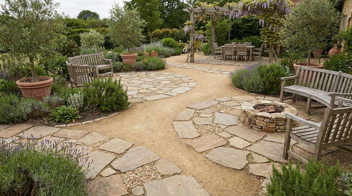 An informal patio design featuring irregular flagstone pieces set in buff-colored gravel, creating Mediterranean-style seating areas. The stones are placed randomly on a compacted gravel base without mortar, allowing for flexible joints and rainwater infiltration, with occasional top-dressing needed to maintain the surface.