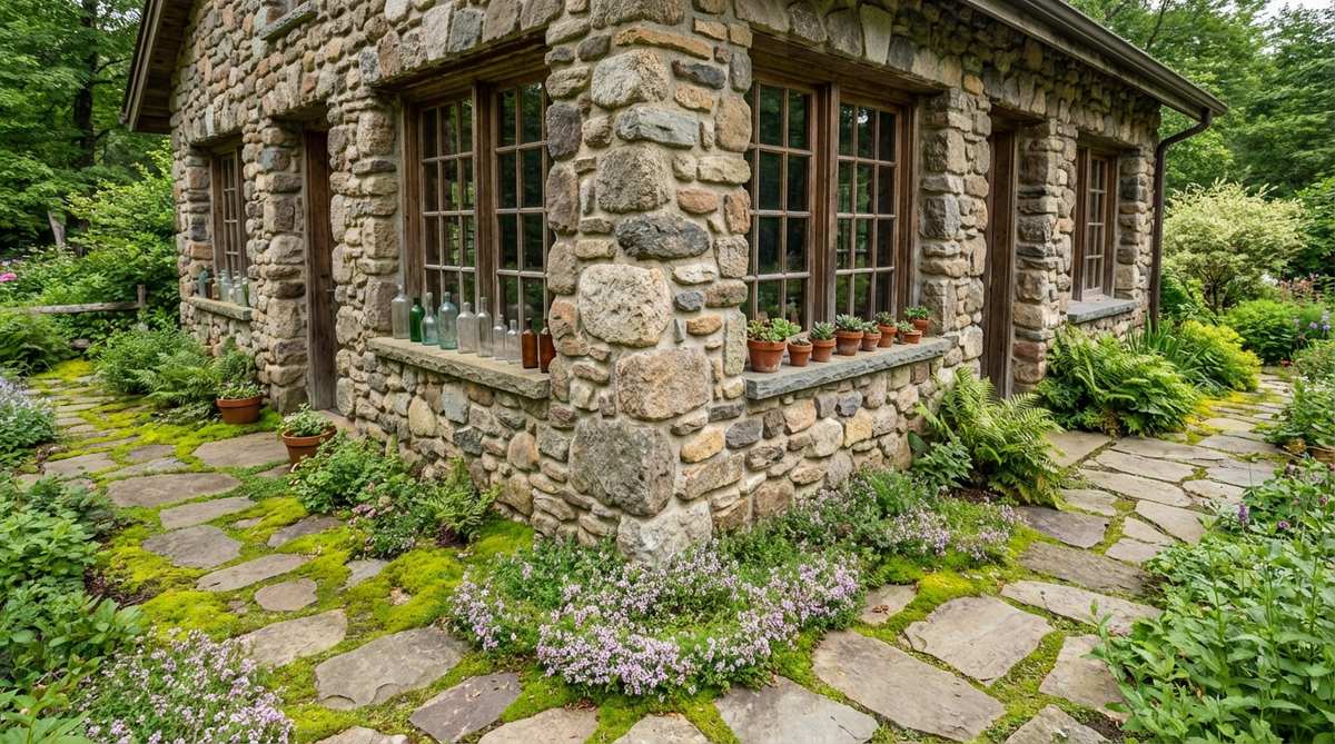 A hand-laid fieldstone workshop with load-bearing walls made from local river rock or fieldstone, featuring multi-pane windows with deep sills for displaying antique bottles or succulent collections, surrounded by moss and creeping thyme between pavers, blending seamlessly into a naturalistic garden design.