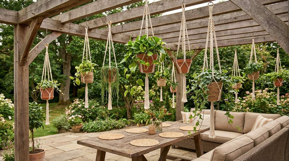 A hanging plant installation with potted plants in macrame hangers suspended from pergola beams or tree branches at varying heights above seating and dining areas. Features trailing plants like pothos, string of pearls, or ivy for vertical interest, creating an immersive garden room effect that enhances the bohemian outdoor experience.