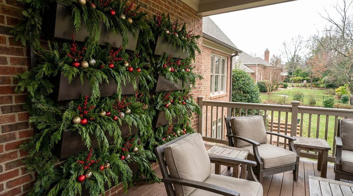 Vertical green waterfall created with wall-mounted planters filled with trailing evergreen garland, small ornaments, and berry sprigs for Christmas balcony decor.