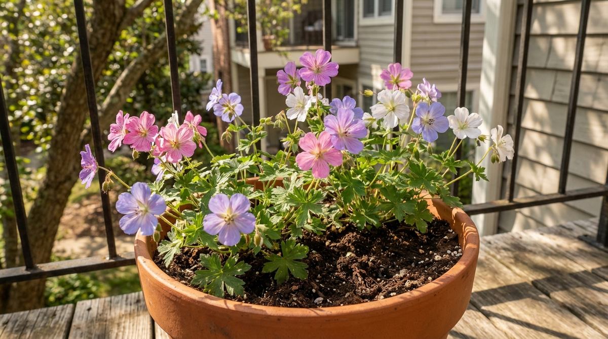 A close-up photo of hardy geranium (cranesbill) flowers in a balcony container garden, showing delicate five-petaled blooms in pink, purple, blue, or white colors. The plant is thriving in a pot with well-draining soil, demonstrating its suitability for container gardening on balconies with full sun to partial shade exposure.
