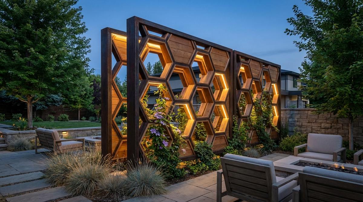 A modern garden trellis featuring a repeating hexagonal honeycomb pattern, inspired by natural structures, with numerous attachment points for climbing plants. Available in metal for precision and weather resistance or wood for warmer tones, ideal for backlighting to highlight the geometric design as a dramatic nighttime feature.