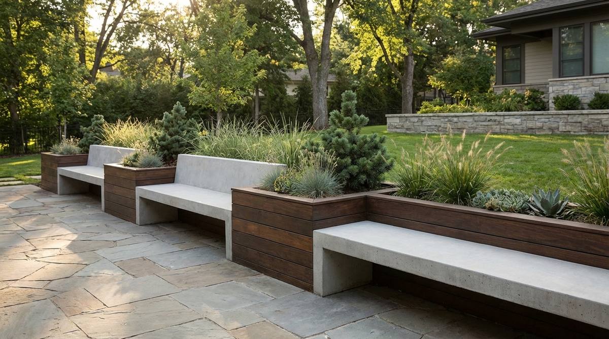 A modern garden decor piece featuring an integrated bench planter that combines seating with planting boxes. This dual-purpose design uses consistent materials like concrete, wood, or composite for visual unity, creating a streamlined space with alternating seating and planting compartments planted with low-maintenance species.
