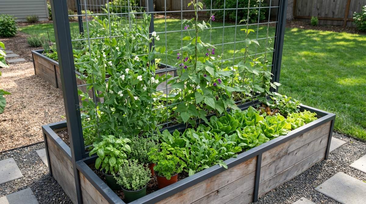 A contemporary raised garden bed with a 6-foot-tall integrated trellis backwall made of powder-coated steel frames and welded wire mesh, supporting climbing plants like peas, beans, and cucumbers. The trellis is oriented along a north-south axis to optimize sunlight exposure, with shade-tolerant lettuces and herbs growing beneath. Vertical members are spaced at 6-inch intervals for sturdy plant support.