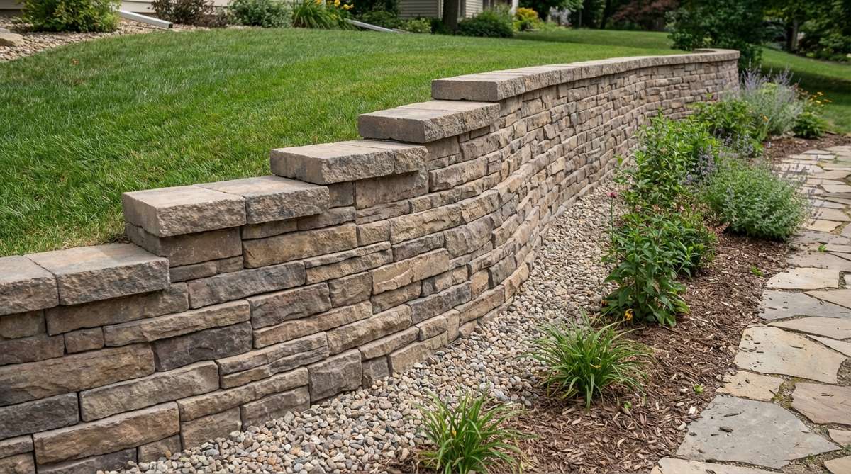 A modular interlocking concrete block retaining wall in a small garden setting, showing the textured blocks that mimic natural stone. The wall demonstrates the built-in setback design and how blocks interlock without mortar for stability. The installation includes a gravel base and shows how the system can accommodate curves and corners for garden landscaping.