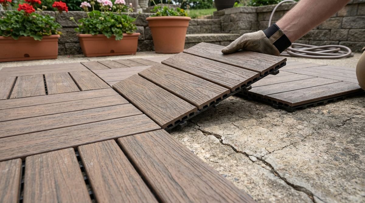 A close-up view of modular interlocking deck tiles being installed over an existing concrete surface. The composite tiles feature a realistic wood-grain texture with built-in spacing for water drainage. The image shows the snap-together installation process without adhesives or special tools, highlighting the system's ease of use for refreshing weathered surfaces and improving traction in terrace gardens.